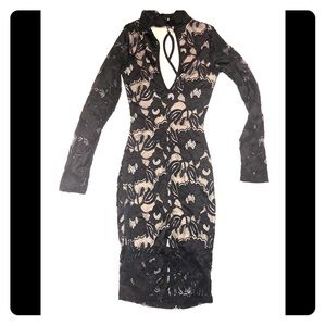 Lace Mini Dress Party Black Beige Size Small